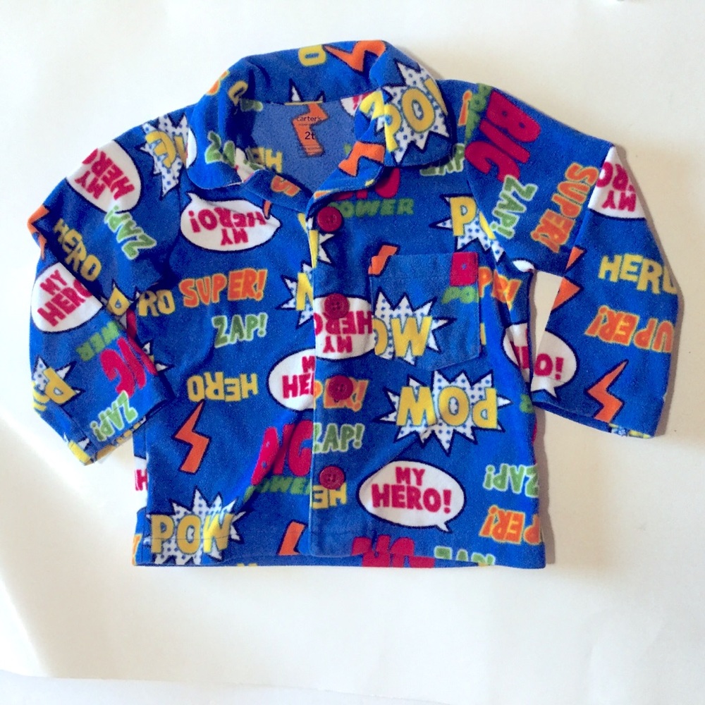 Carter's Fleece PJ Top Boys 2T Superhero Comics Blue Red Toddler Pajama